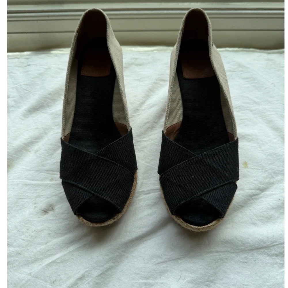 Tory Burch Women's Filipa Espadrille Wedge Canvas Peep Toe Black Cream Size 9